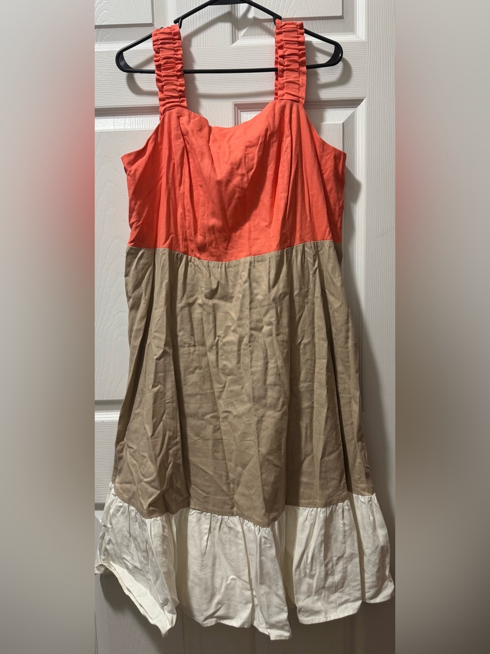 Coral, Tan & White Tiered Strapless Dress